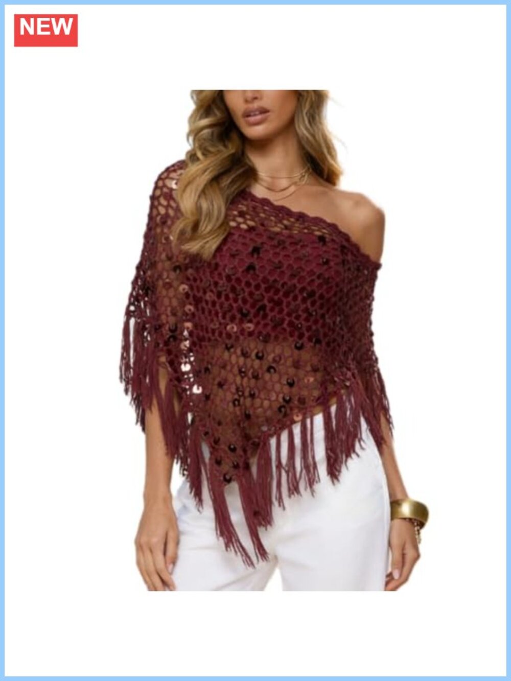 Boho Crochet Sequin Poncho Shawl Fringe Cover Up Beach Festival
